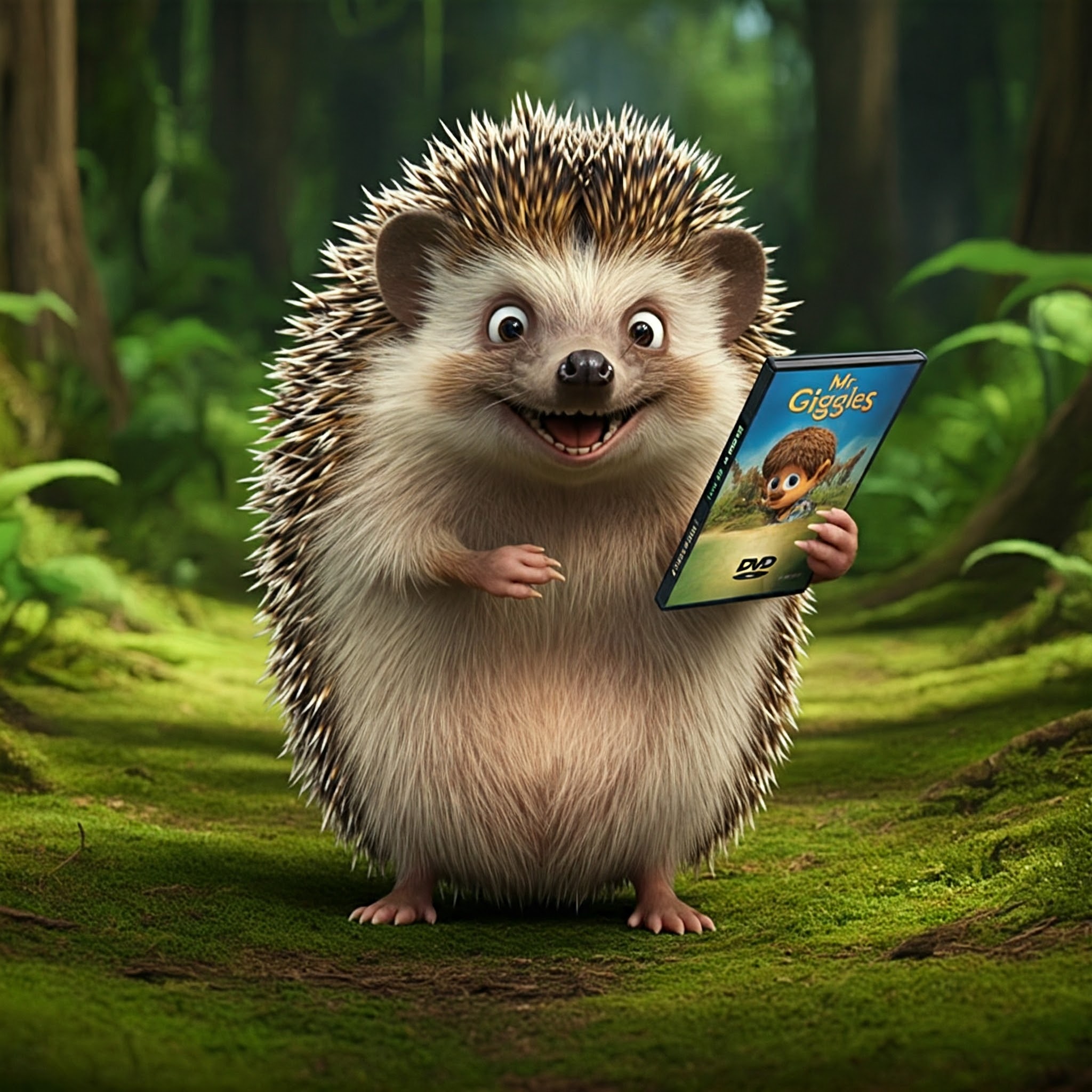 Mr. Giggles the hedgehog holding a DVD